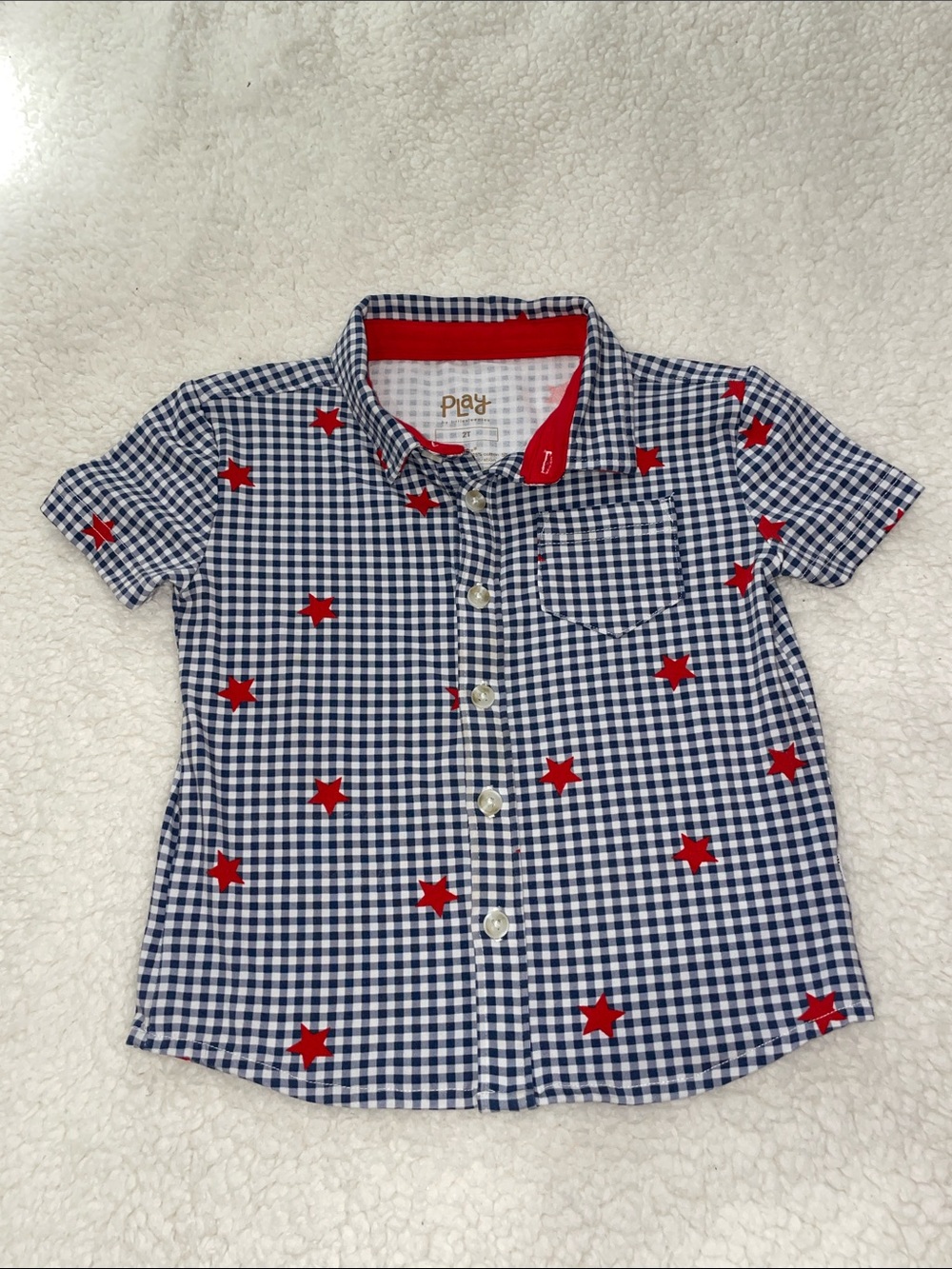 Little Sleepies Navy Gingham Button-Up with Red Stars